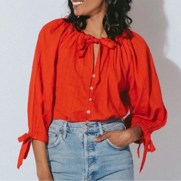 Cleobella Tops - NWOT Cleobella Rylan Tie Neck Button Up Cherry Red Blouse Sz S